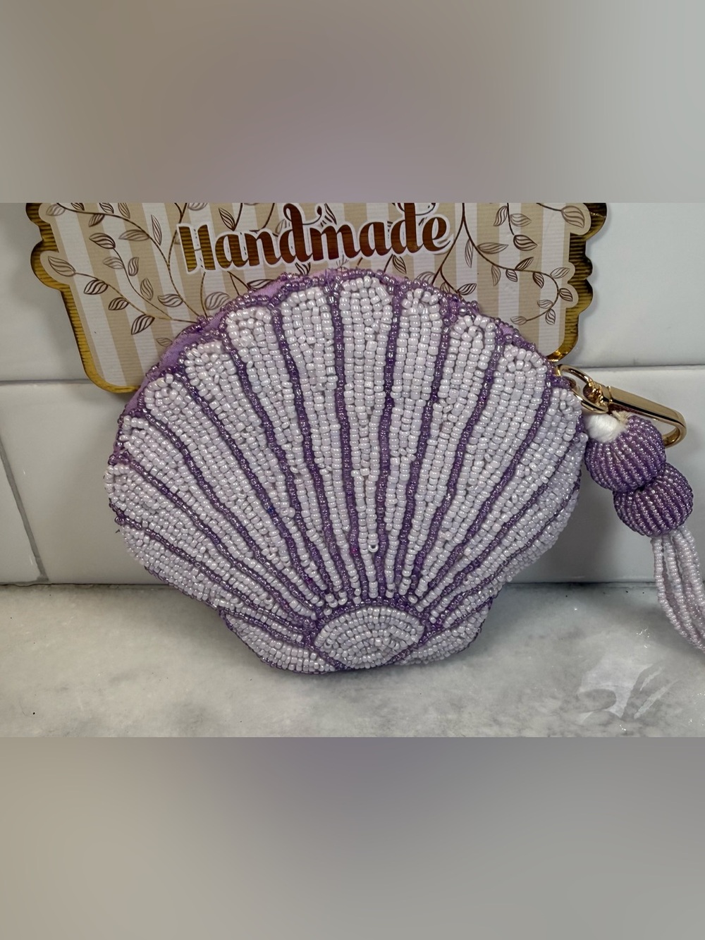 India Handmade Purple Beaded Seashell Coin Purse Keychain Zipper Pouch New